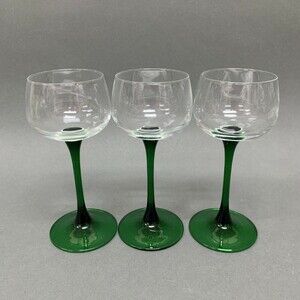 Luminarc? France Clear Emerald Green Stem Wine Glass Glasses 6 1/2" Lot of 3